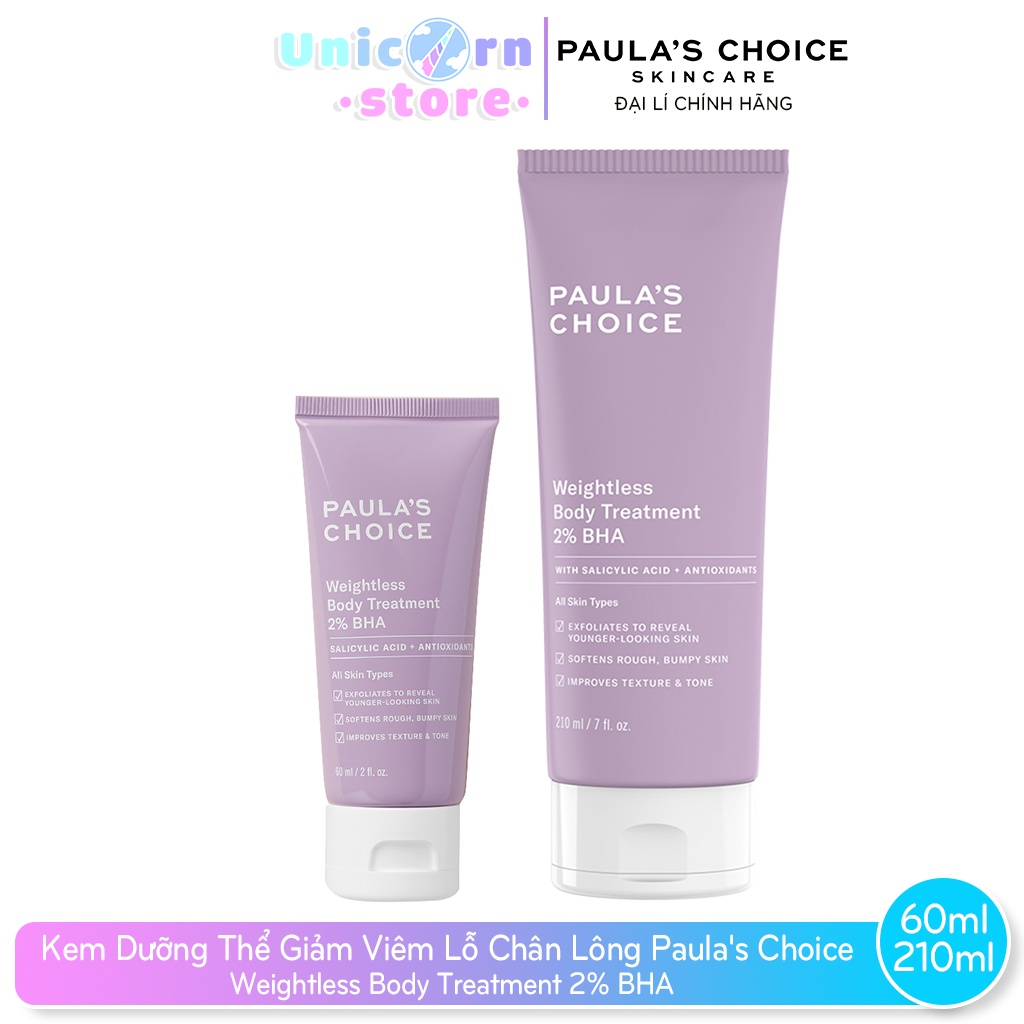 Kem Dưỡng Thể Chứa 2% BHA Hỗ Trợ Giảm Viêm Lỗ Chân Lông, Mẩn Đỏ Paula's Choice Weightless Body Treatment 2% BHA