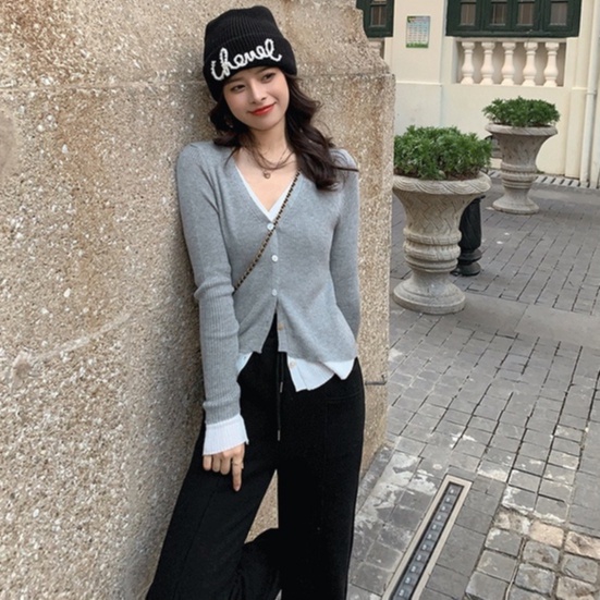 Áo len ZHELIHANGFEI tay dài cổ chữ V giả hai lớp thời trang dễ phối đồ