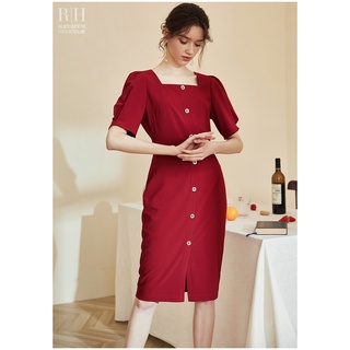 Đầm đỏ tay phồng lửng cổ vuông gài nút dọc