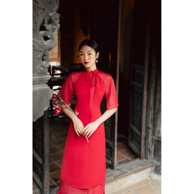 Áo dài cổ tàu đính nơ tay zaclang loe ( không kèm quần)  TIINSTORE  ACT128