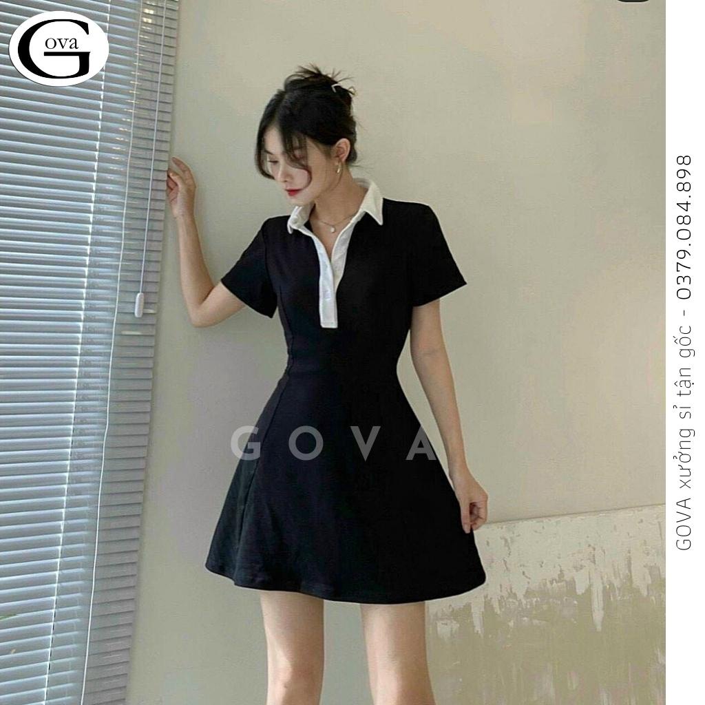 Đầm Váy CỔ POLO Phối Trắng Dáng Xoè Thun Borip Ôm Đẹp GOVA
