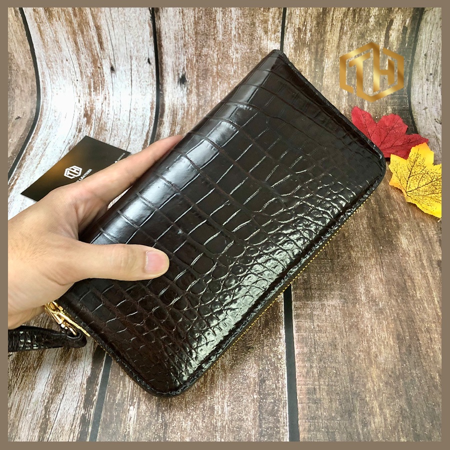 Clutch Da Cá Sấu Thật 1 Khóa - Clutch Da Bụng Cá Sấu Đúng Tuổi Màu Nâu Đất, Ví Dài Cầm Tay BH 24 Tháng