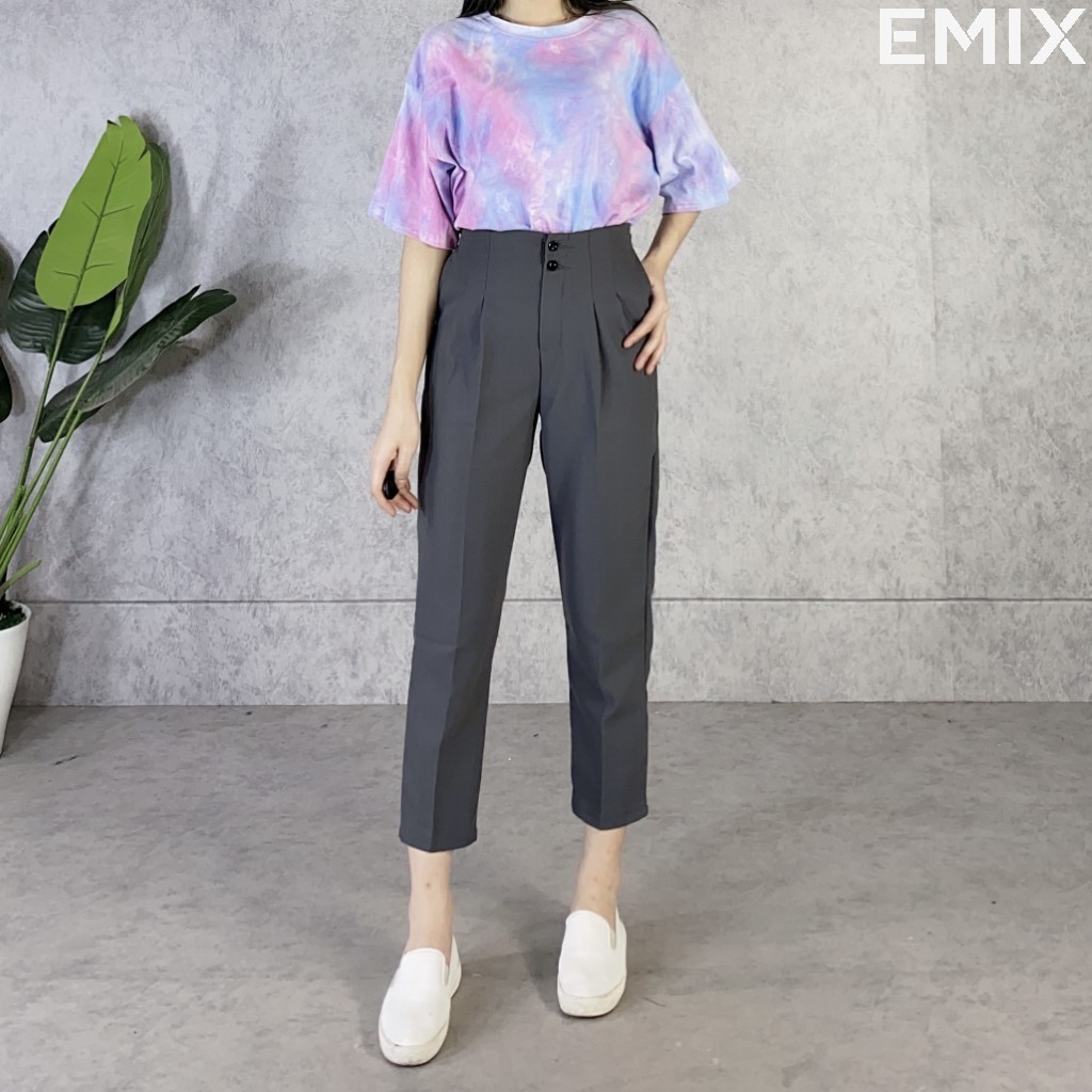 Quần tây nữ đi học 2 ly EMIX (3 màu), dáng dài, form rộng, cạp cao, 2 cúc, vải tuyết mưa, mềm mịn, không lộ Q208