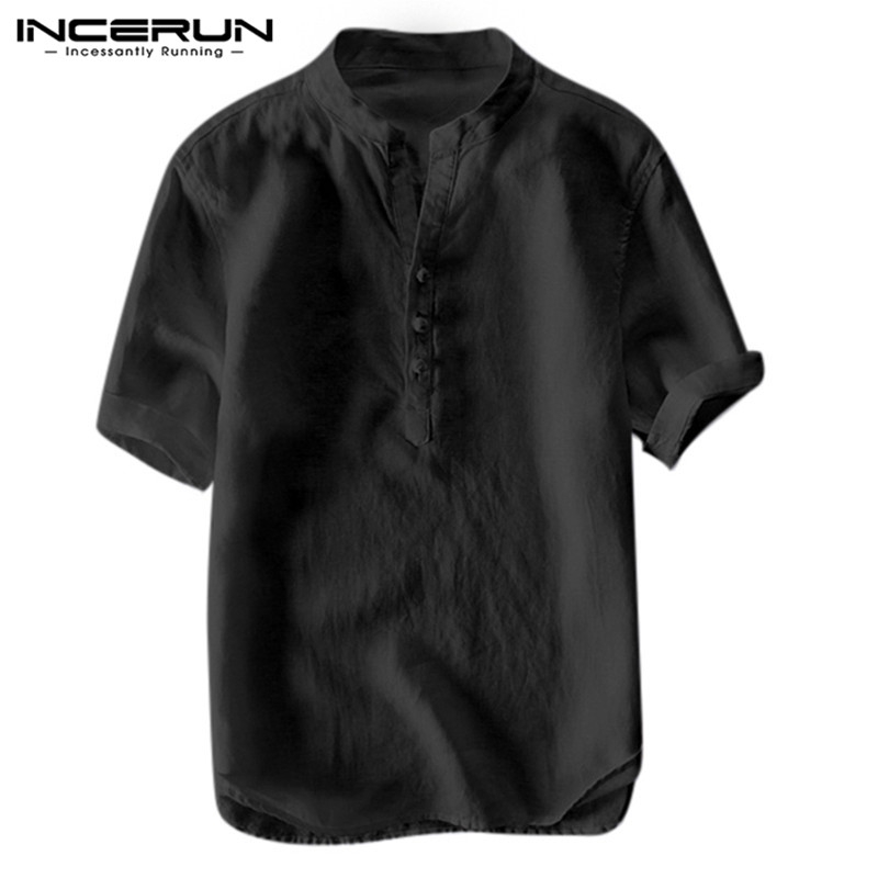 INCERUN Men Slim Fit Cotton Linen Plain V Neck Short Sleeve Shirt | BigBuy360 - bigbuy360.vn