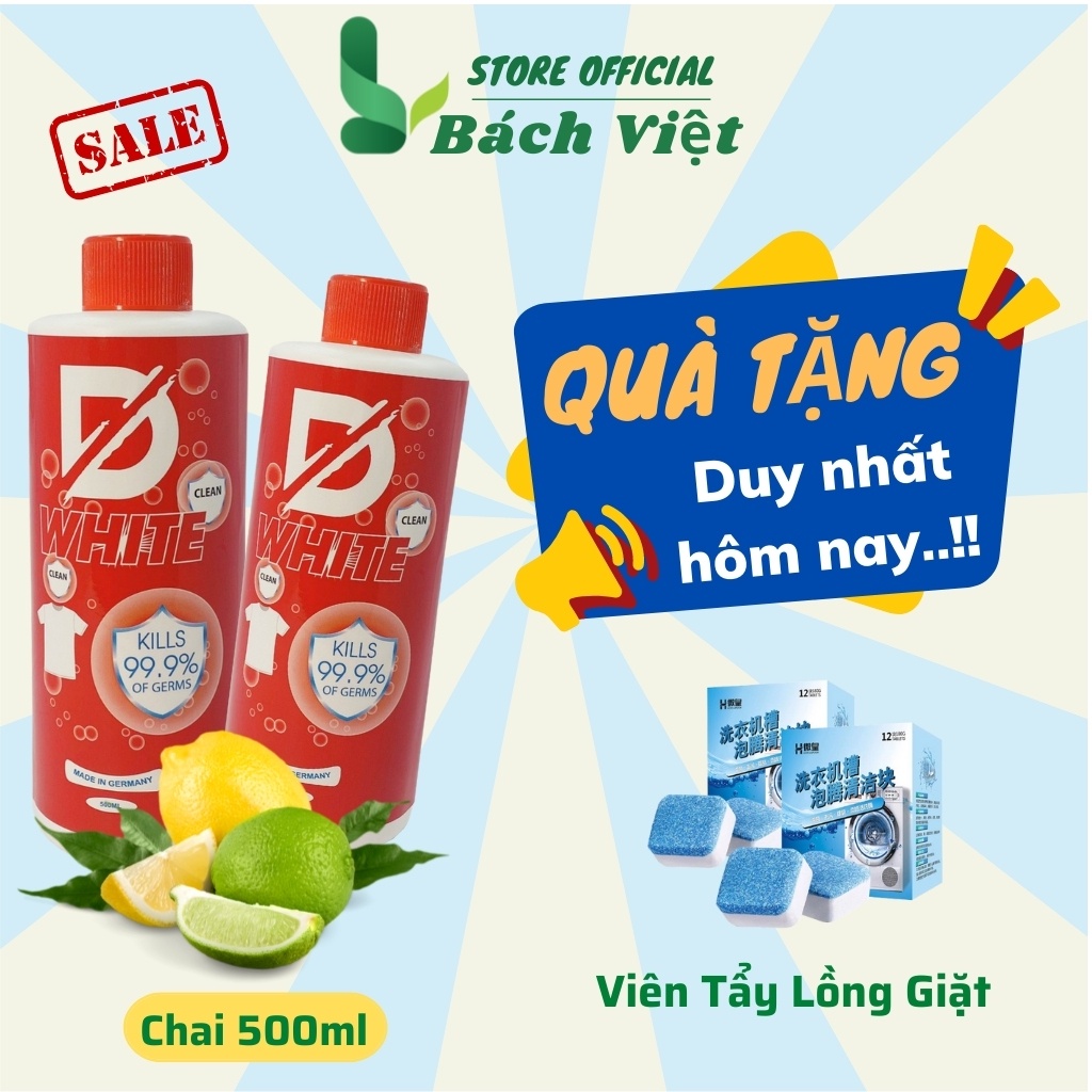 Tẩy trắng quần áo D White, Tẩy mốc quần áo, ố vàng, không phai màu vải - 100% Chính Hãng