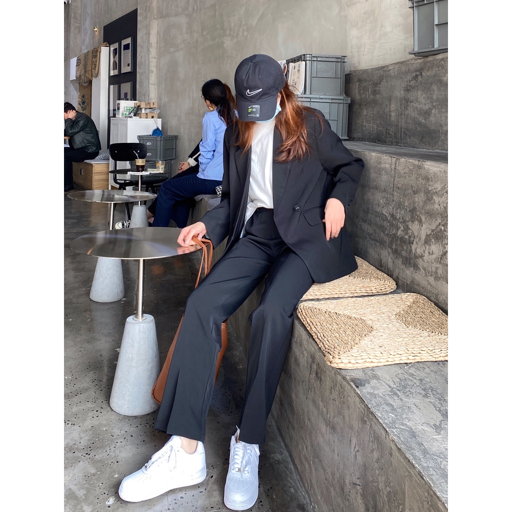 Quần Dài Lưng Cao Ống Rộng Màu Đen Phong Cách Retro Hàn Quốc Cho Nữ