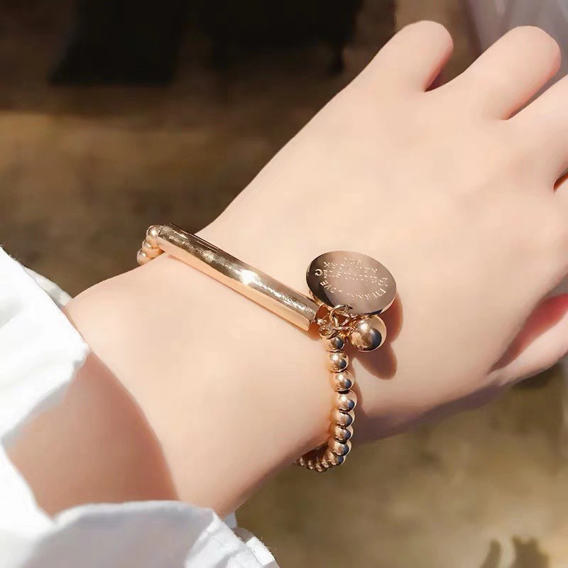 Vòng Tay Chuỗi Hạt Tròn Bằng Thép Titan Màu Vàng Hồng Thời | Dây Chuyền Mặt Tròn Khắc Chữ Tiếng Anh Co Giãn Tốt