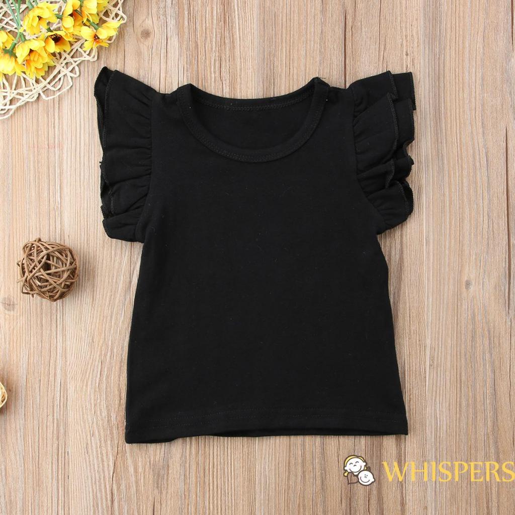 Áo thun cotton cổ tròn tay cánh tiên màu trơn thời trang mùa hè cho bé gái