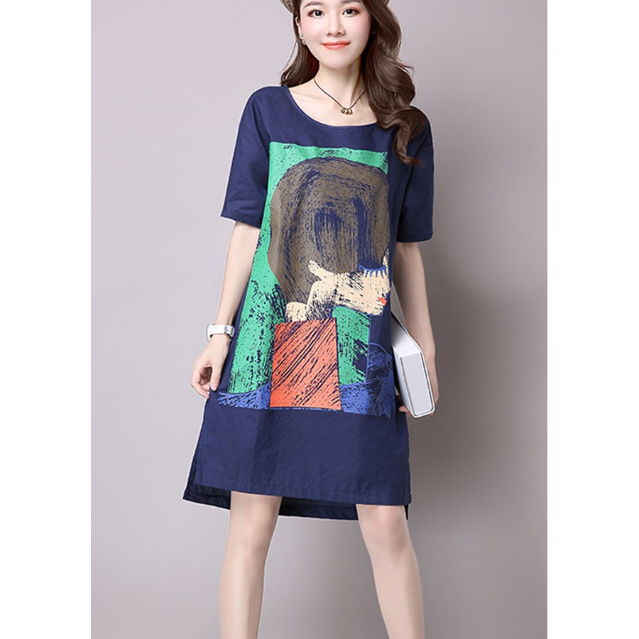 Đầm suông dạo phố in hình cô gái dễ thương, chất vải thô mềm mát, thích hợp mùa hè, hàng nhập Quảng Châu