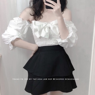 Set áo bẹt vai nơ phối chân váy tầng
