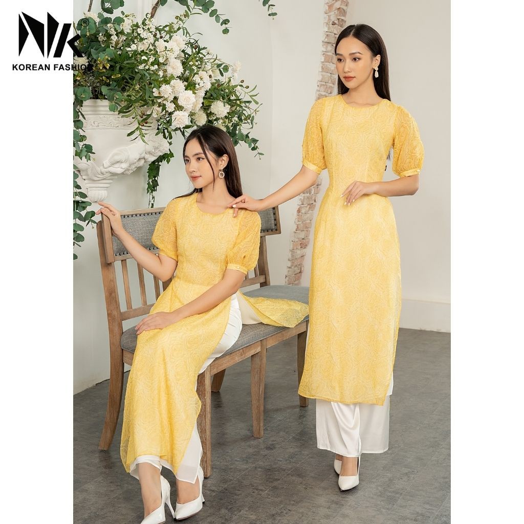 Áo Dài Nữ NK FASHION Cổ Tròn Cách Điệu, Tay Lỡ Bồng Phối Ren, Chất Liệu Mềm Mịn, Cao Cấp NKBD2010006