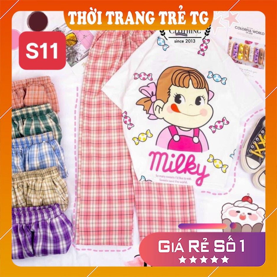 Đồ bộ nữ 𝑭𝒓𝒆𝒆𝒔𝒉𝒊𝒑 Set Đồ Bộ Quần Sọc Caro Ống Rộng S08 Tiểu Khủng Long Freesize Form Rộng Cực Thoáng Mát