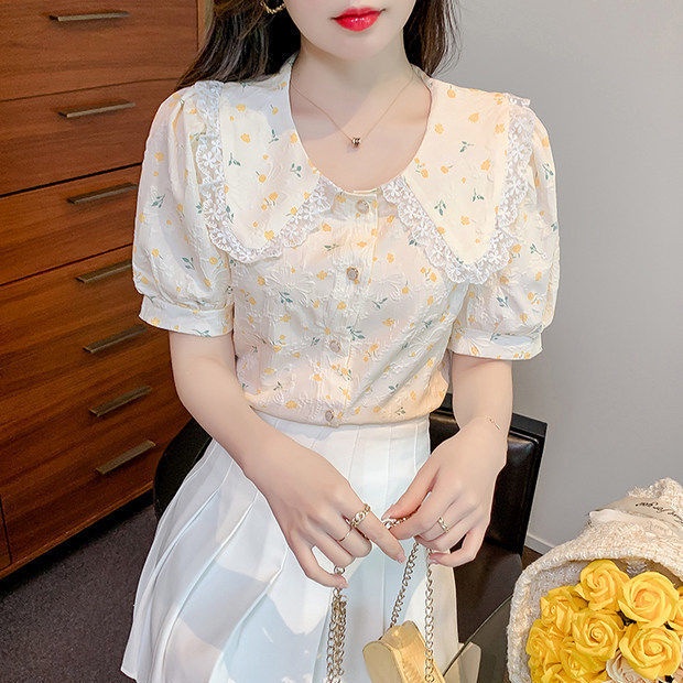 Áo Kiểu Tay Ngắn Họa Tiết Hoa Phong Cách Pháp Ngọt Ngào