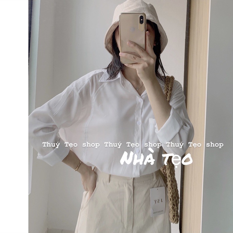 Áo sơ mi nữ trơn vintage chất lụa tăm hàng Quảng Châu bốn màu trắng be xanh mint hồng