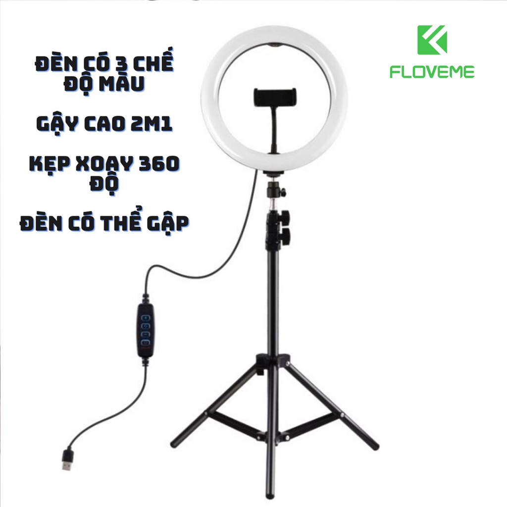 Đèn livestream Floveme cao cấp siêu sáng, chân 2m1, Size đèn 26 36 45 Hỗ Trợ Chụp Ảnh Make up, quay tiktok, bán hàng