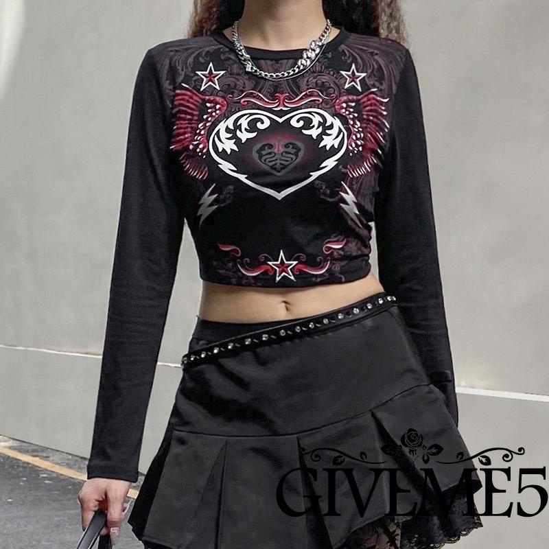 Áo thun tay dài cổ tròn in hình trái tim đôi cánh sáng tạo cho nữ