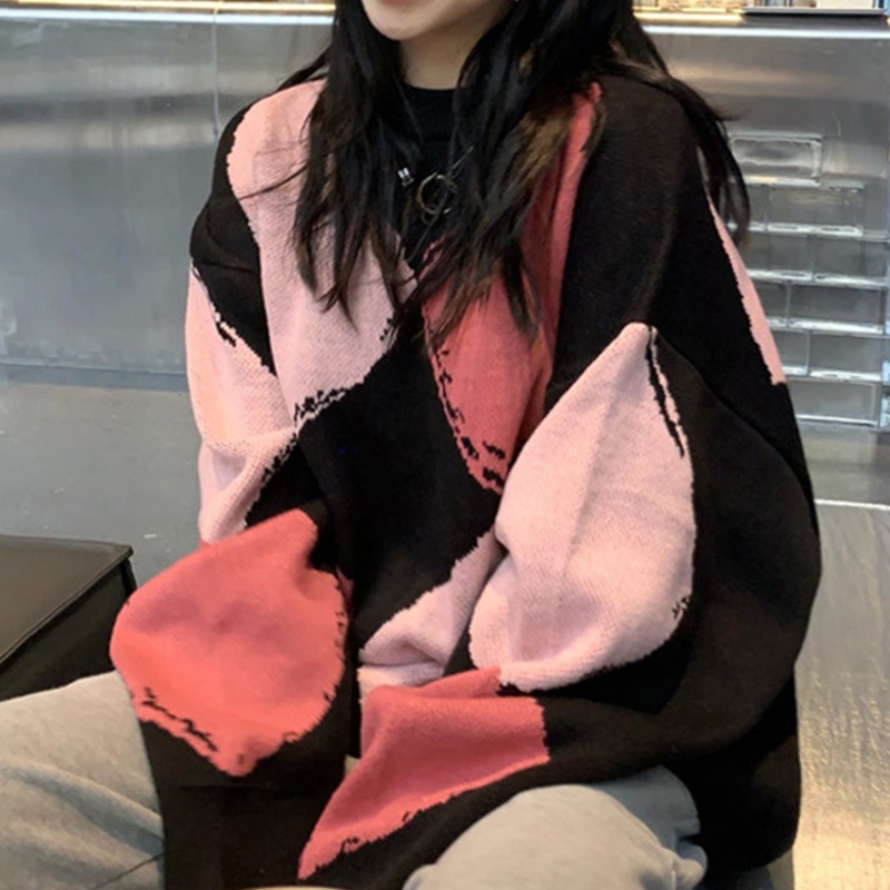 Áo sweater tay dài cổ tròn dáng rộng phối màu tương phản hợp thời trang