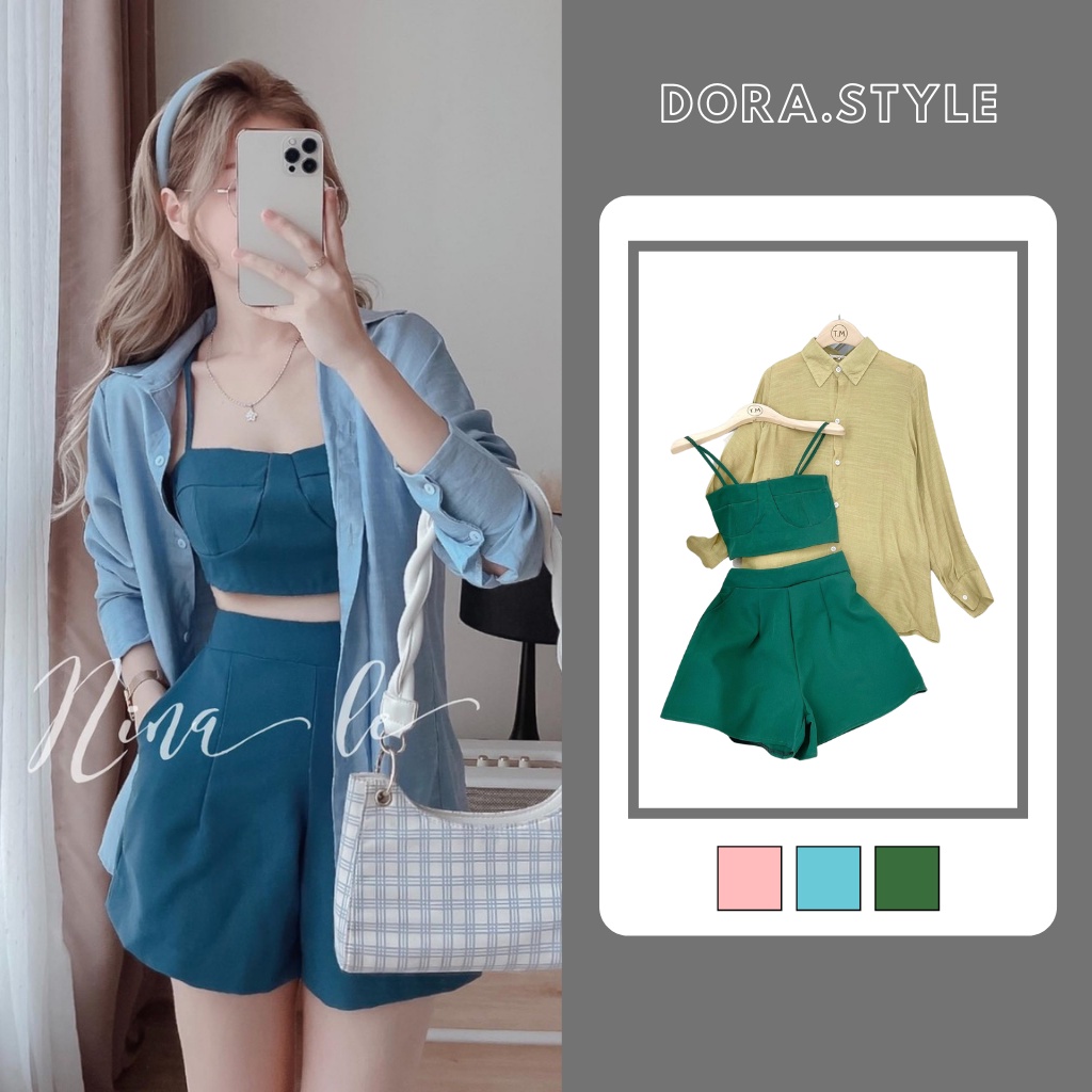 Set đồ nữ 3 món gồm quần short ngắn áo 2 dây croptop kèm áo khoác dorastyle