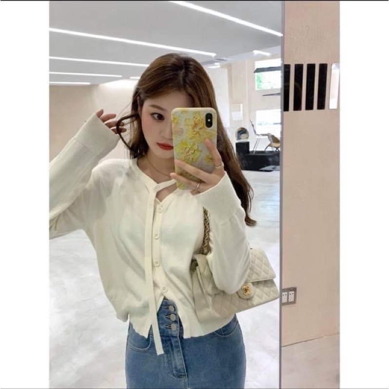 Áo len cardigan tay dài phối dây nơ cổ chéo nút trơn kiểu nữ - Order taobao quảng châu
