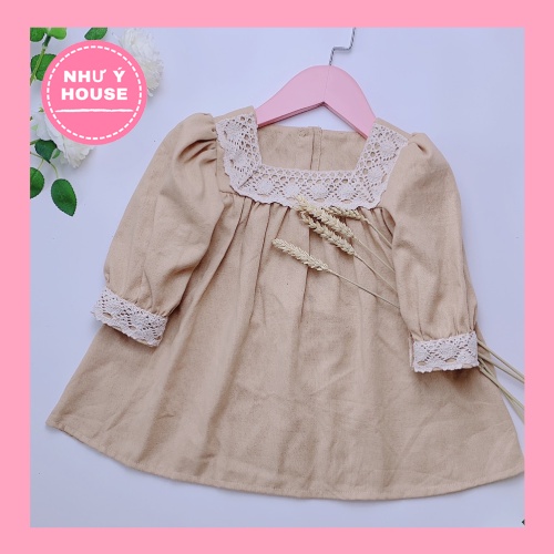 Váy bé gái vintage thu đông màu be phối ren🥕𝑭𝑹𝑬𝑬𝑺𝑯𝑰𝑷 𝑴𝑨𝑿🥕Như Ý House- váy linen bột màu be gừng phối ren