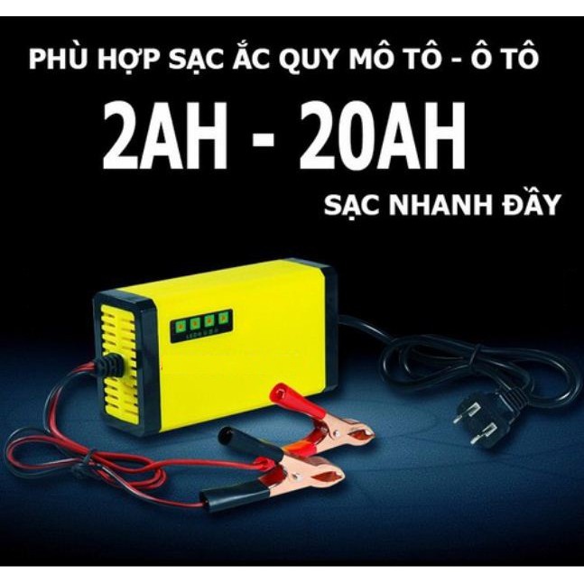 Sạc bình ắc quy 12V/2A thông minh tự ngắt khi đầy cho ô tô, xe máy màu vàng có màn hình hiển thị (2Ah-20Ah)