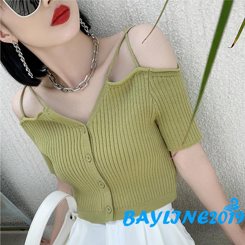 Áo Dệt Kim Ngắn Tay Trễ Vai Cổ Chữ V Cài Nút Đơn Giản Cho Nữ