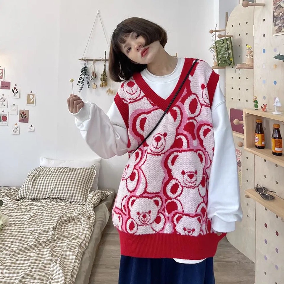 Áo dệt kim sát nách dáng rộng in hình gấu kiểu Hàn Quốc xinh xắn cho nữ