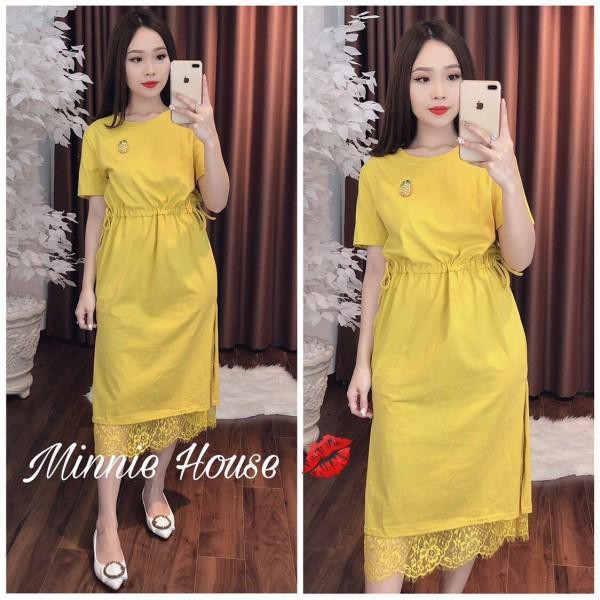 (Bỏ sỉ) Đầm xòe thun vàng rút dây eo lai phối ren ngực đính đá trái thơm đẹp y hình,bao chất Mã 1P25061245
