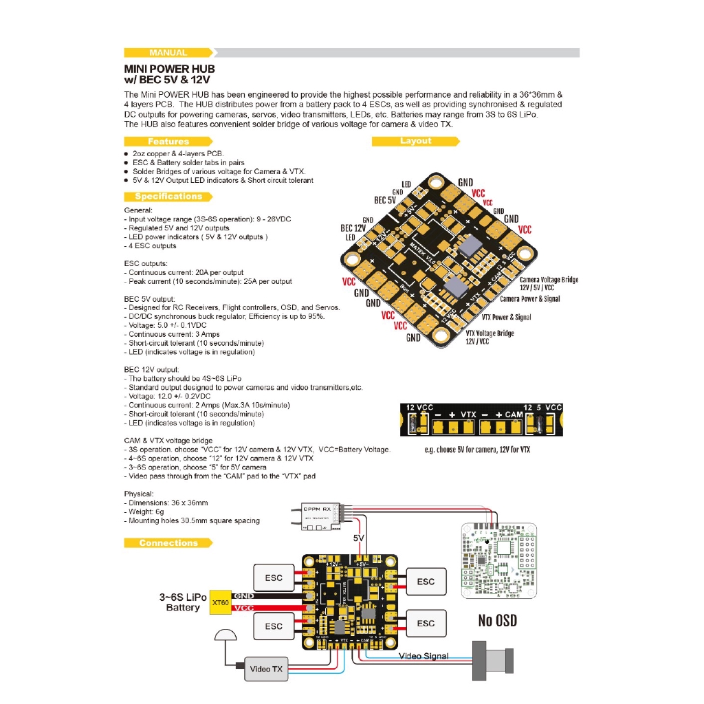 Bảng phân phối nguồn Hub PDB BEC 5V & 12V dành cho FPV QAV250 ZMR250