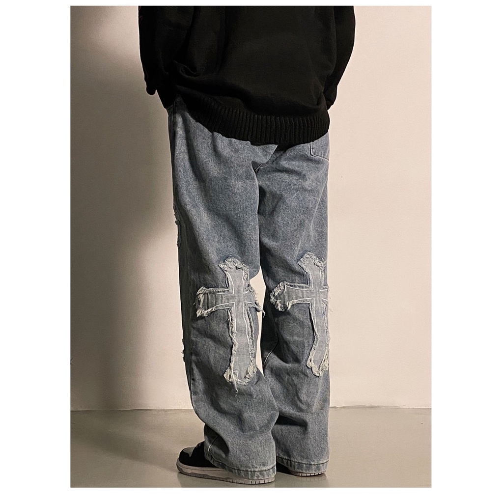 ♞AFF LIGA♞ Quần jean ống rộng thêu họa tiết phong cách hiphop thời trang đường phố năng động