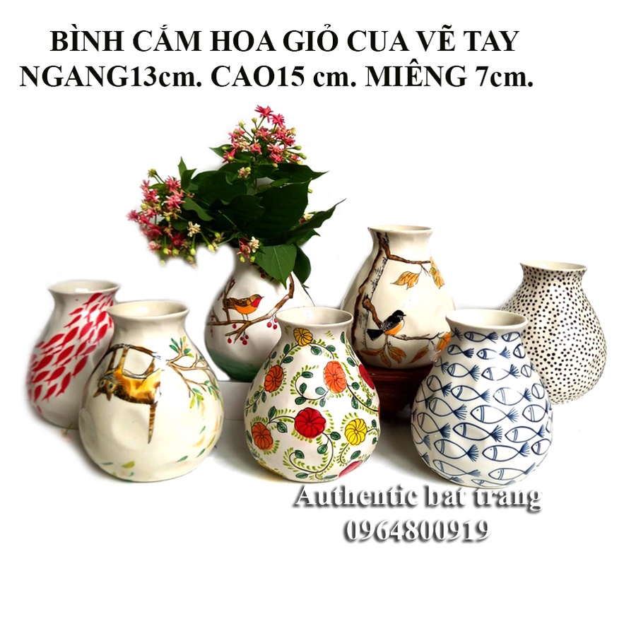 &quot;SIÊU XINH&quot; BÌNH CĂM HOA GIỎ CUA MIỆNG LOE D13H15cm- RẤT DỄ CẮM VÀ TRANG TRÍ vẽ tay 100%. Gốm sứ Authentic bat trang