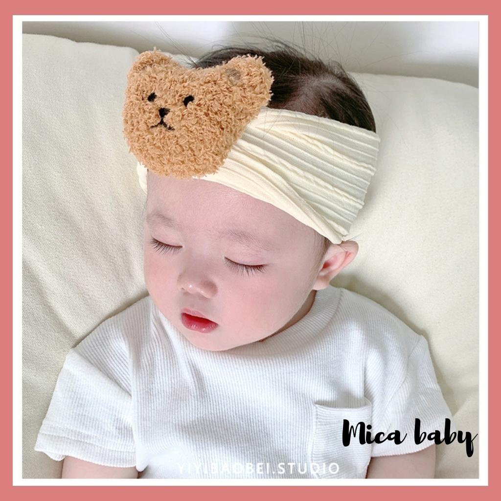 Băng đô bản to thun gân đính gấu bông xù đáng yêu cho bé BD67 Mica Baby