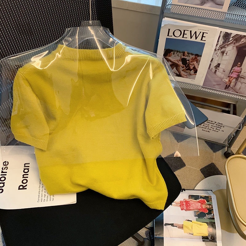 Áo Sweater Dệt Kim Tay Ngắn In Hình Thỏ Vàng Dễ Thương Cho Nữ  tao bao