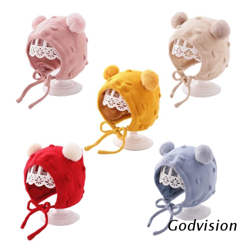 Mũ Beanie Dệt Kim Mềm Mại Dày Dặn Đính Bóng Lông Dễ Thương Giữ Ấm Mùa Đông Cho Bé
