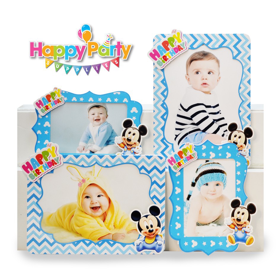 Set trang trí sinh nhật bé trai Bộ phụ kiện chủ đề Mickey xanh mini - mega - Happy birthday thôi nôi cho bé