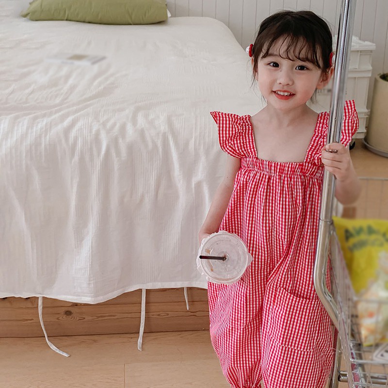 Jumpsuit Tay Cánh Tiên Họa Tiết Ca Rô Phong Cách Hàn Quốc Dành Cho Bé Gái