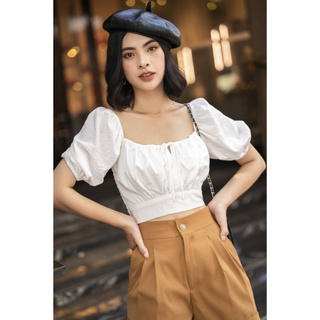 Áo croptop nhún ngực cột dây trắng - hoo design