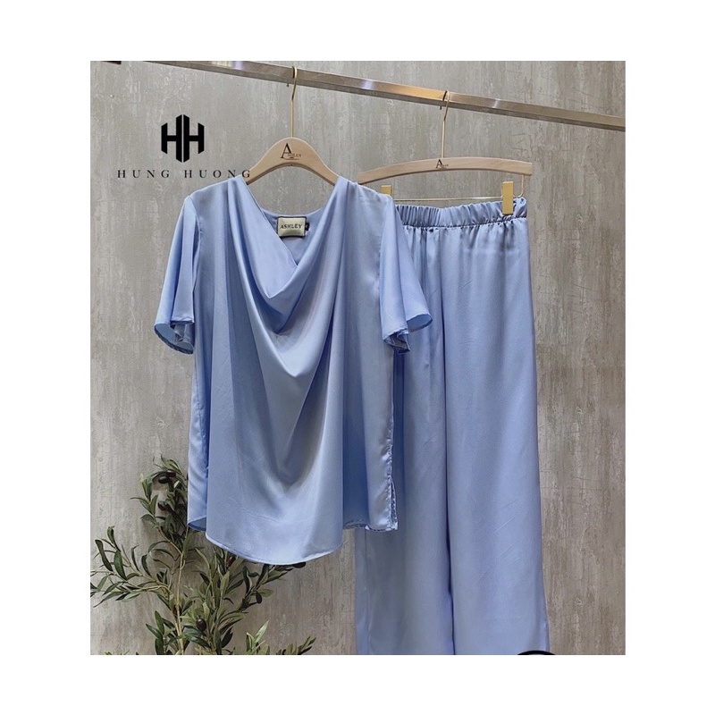 Set lụa áo cổ đổ tay cánh tiên phối quần ống suông lưng thun mát mẻ