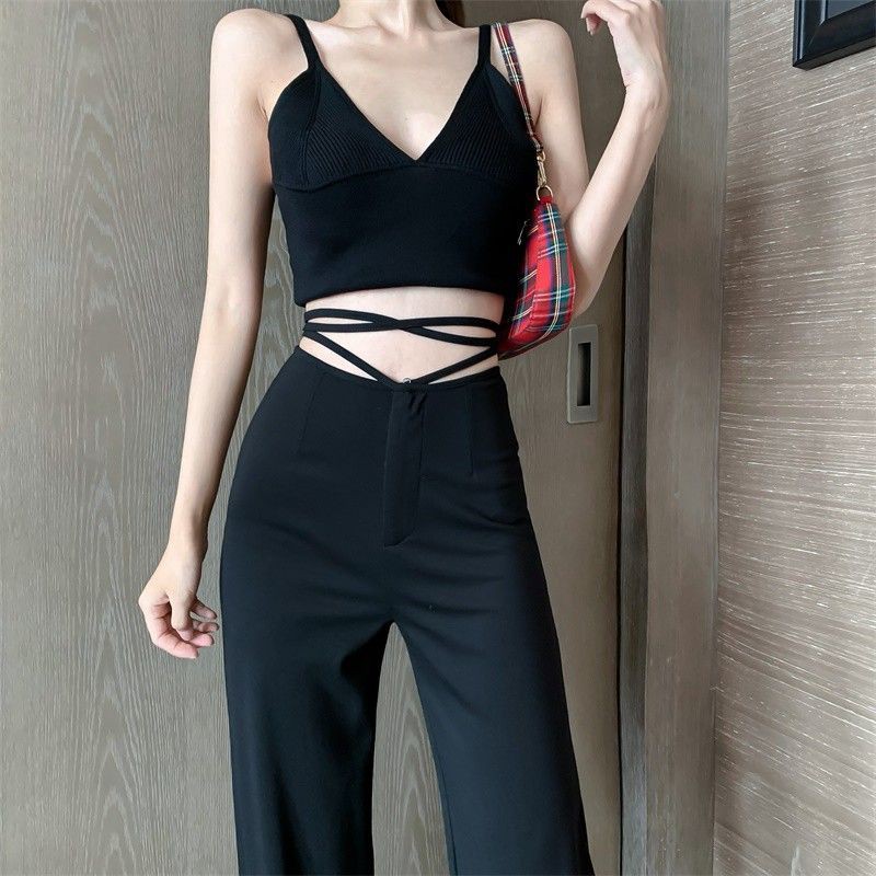 (ORDER) Quần tây cạp cao ống rộng đan chéo phần eo - Hàng Quảng Châu