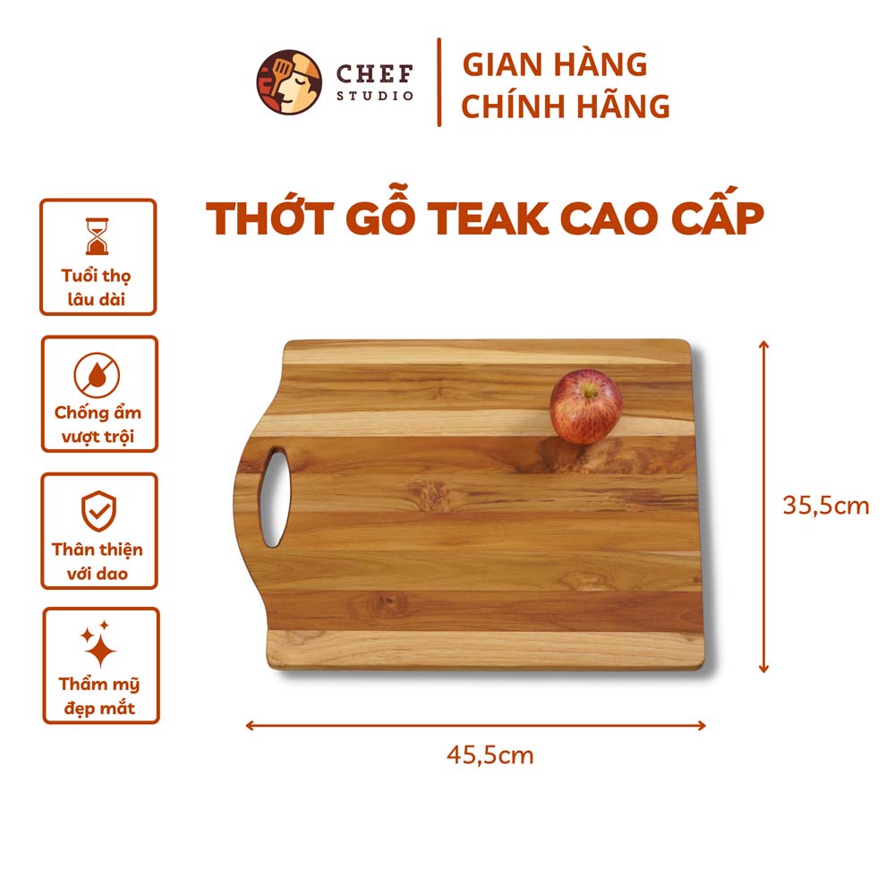 Thớt gỗ Teak Chef Studio cao cấp hình chữ nhật, có rãnh và tay nắm, dùng cho cắt thái và trang trí