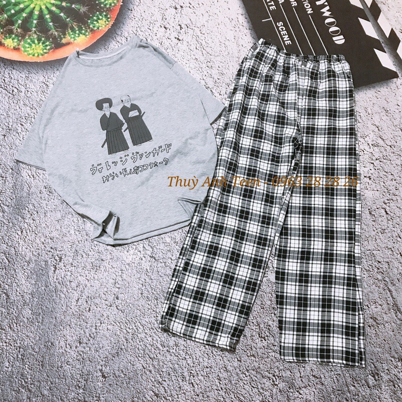 [AMANDA] Set bộ quần kẻ caro kèm áo xám form thụng tay lỡ, set đồ bộ giá rẻ đi học đi chơi | BigBuy360 - bigbuy360.vn