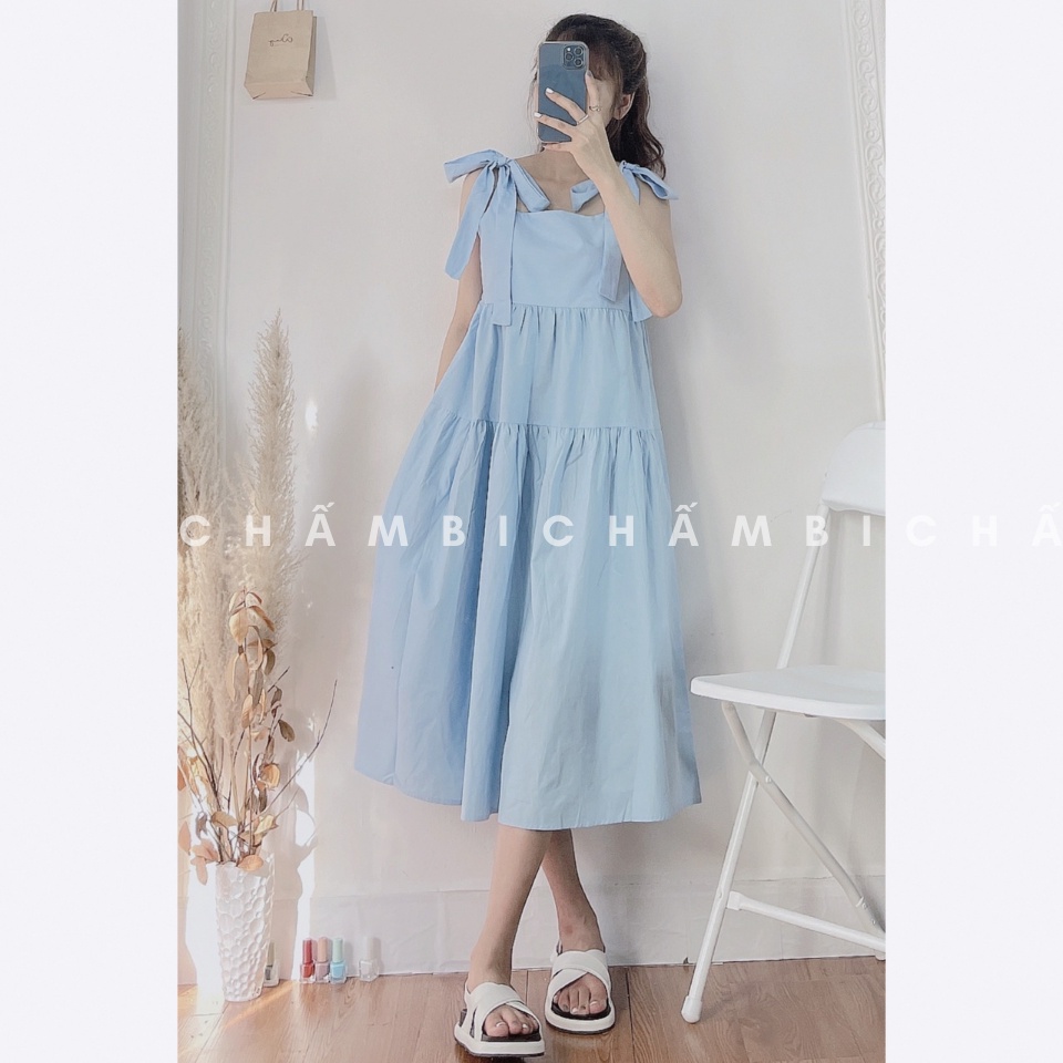 Váy babydoll Hàn Quốc V.079, Váy dáng dài 2 tầng xòe thắt nơ vai cực xinh | BigBuy360 - bigbuy360.vn