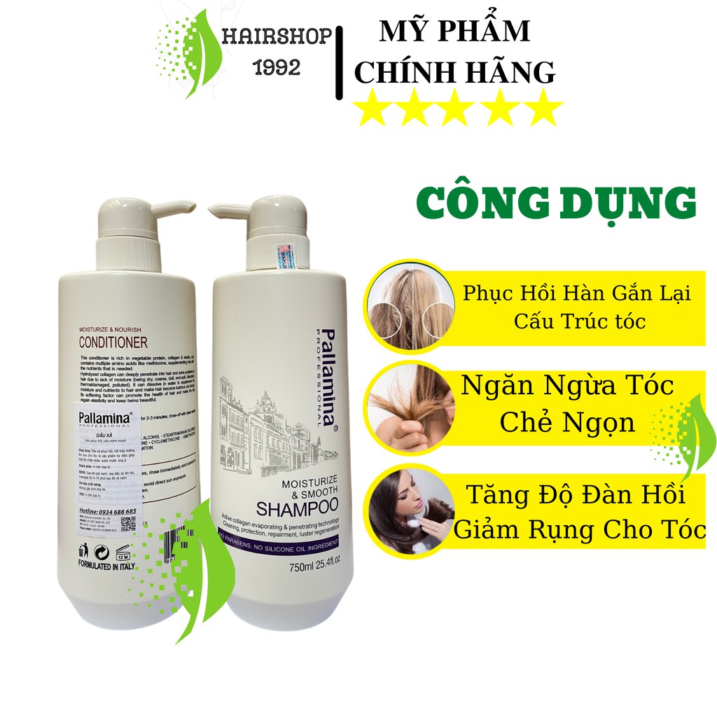 Dầu gội dầu xả keratin colagen Pallamina kiềm dầu phục hồi tóc hư tổn | Bộ dầu gội xả 750ml * 2