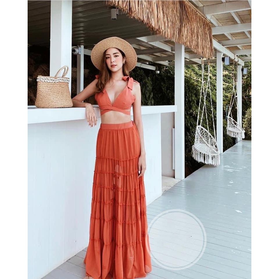 Set maxi áo cột ngực kèm chân váy tầng cực xinh - Hình thật 100%