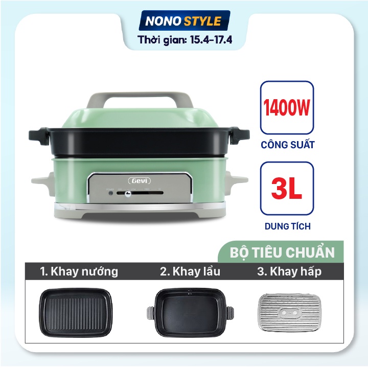 Nồi điện đa năng Gevi 3L - Nồi nướng, nhúng lẩu, hấp thức ăn - Kèm khay tiện lợi, chất lượng - BH 12 THÁNG