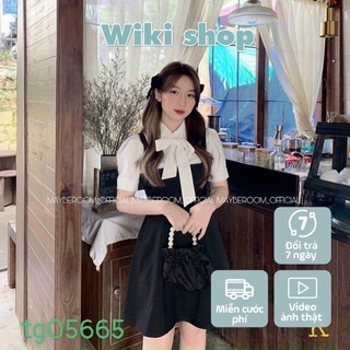 Set yếm sơ mi thắt nơ - Set vát đầm nữ áo sơ mi mix váy yếm đen freesize giá siêu rẻC383