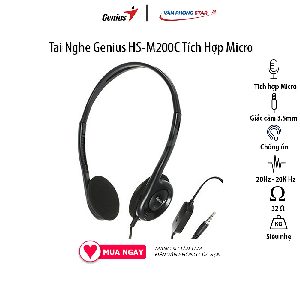 Tai Nghe Genius HS-M200C tích hợp micro chống ồn, âm thanh tốt đầu cắm 3.5mm dùng cho laptop, PC, điện thoại