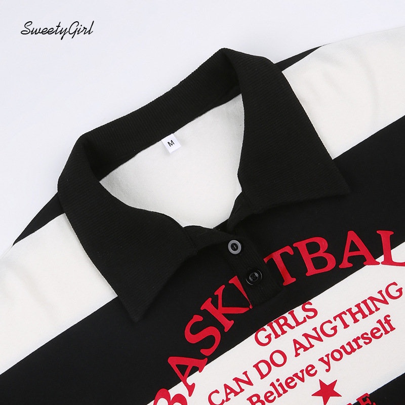 Áo Thun Polo Tay Dài Cổ Bẻ In Họa Tiết Sọc Trắng Đen Thời Trang 2022 Cho Nữ