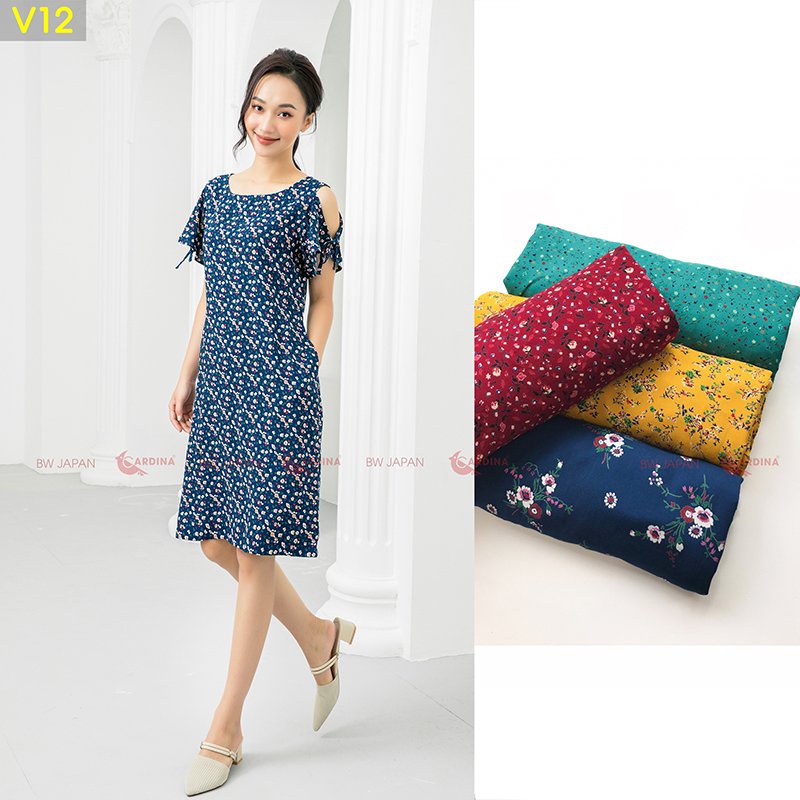 Váy Lanh khoét vai tay nơ Mã V1