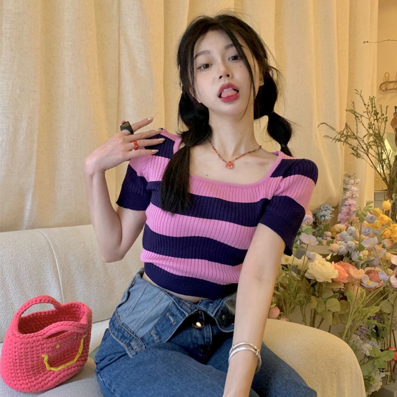 Jiashucheng Áo Thun Dệt Kim Ngắn Tay Cổ Vuông Họa Tiết Kẻ Sọc Thời Trang Mùa Hè Cho Nữ